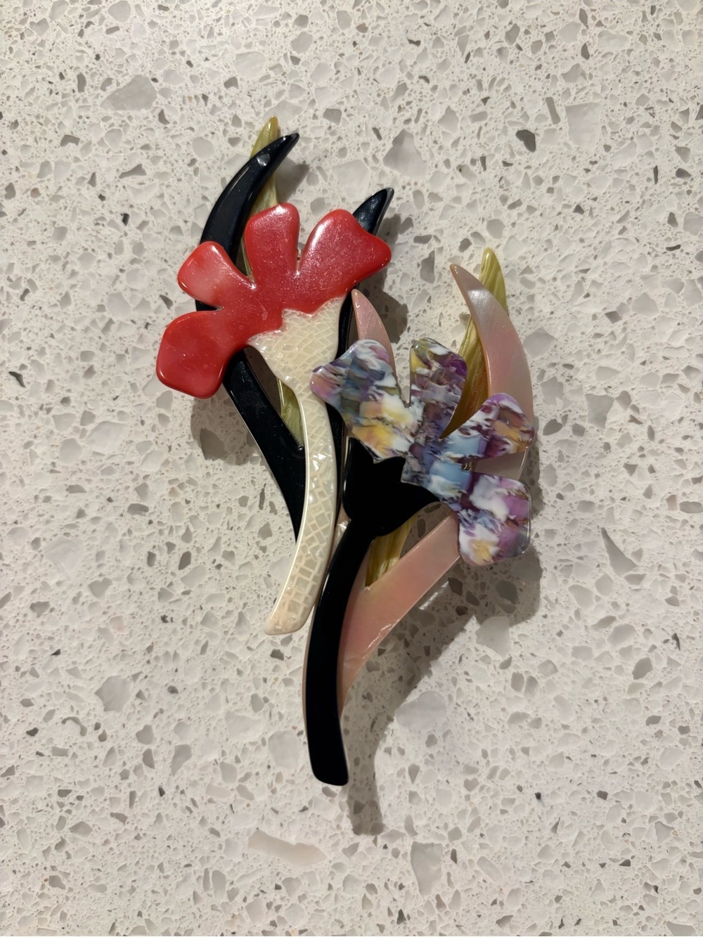Vintage Lea Stein Floral Resin Flower Brooch - Pink, Red, Black